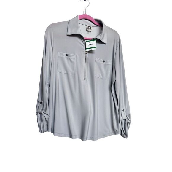 Ann klein Light Gray Zip Front Blouse with Roll-Tab Sleeves size large - Picture 1 of 14